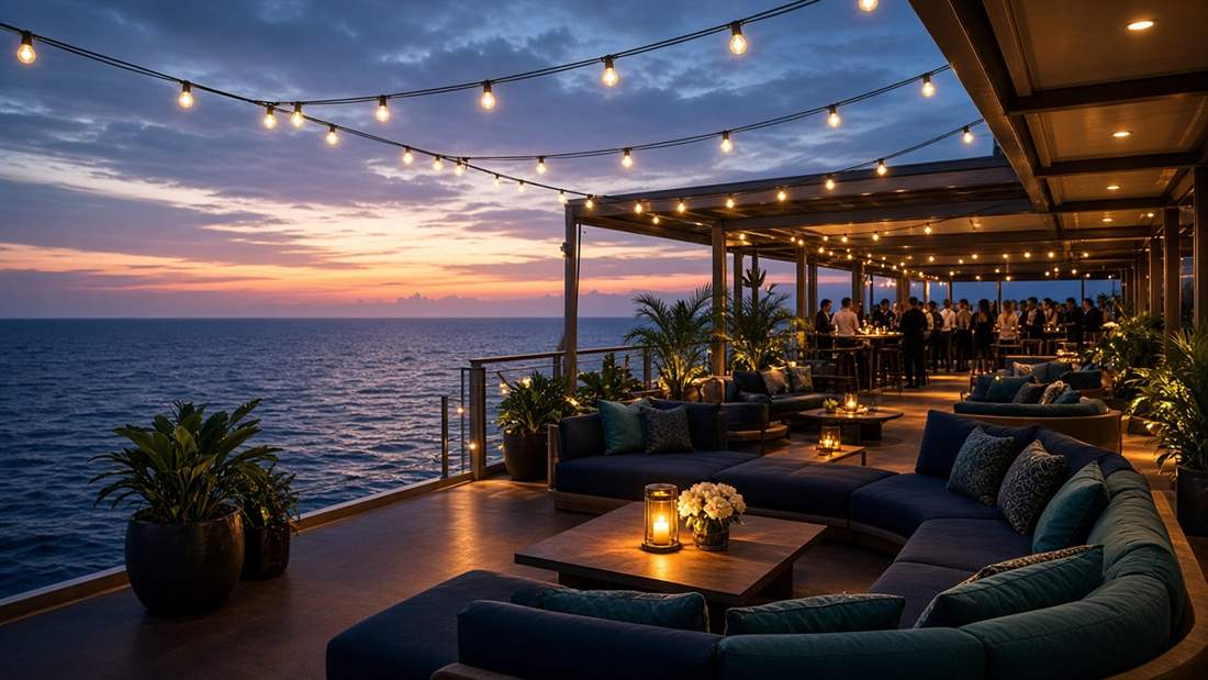 Ambiente de evento no convés ao entardecer